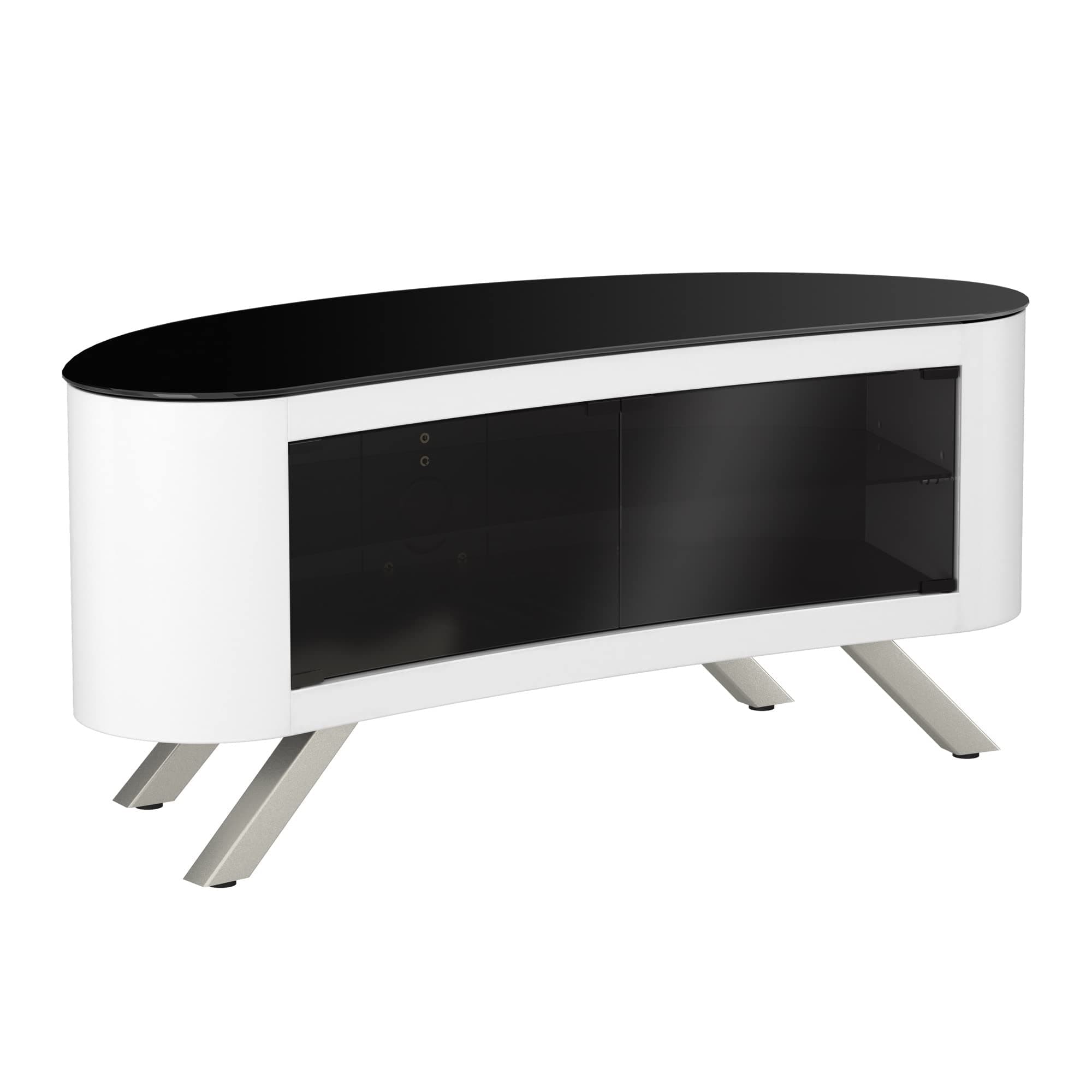 AVFCurved Wood TV Stand - Bay Affinity 1150mm Wide Floorstand Unit Upto 55" & 55Kg Max TV Weight, Gloss White & Black Glass, IR Friendly Doors