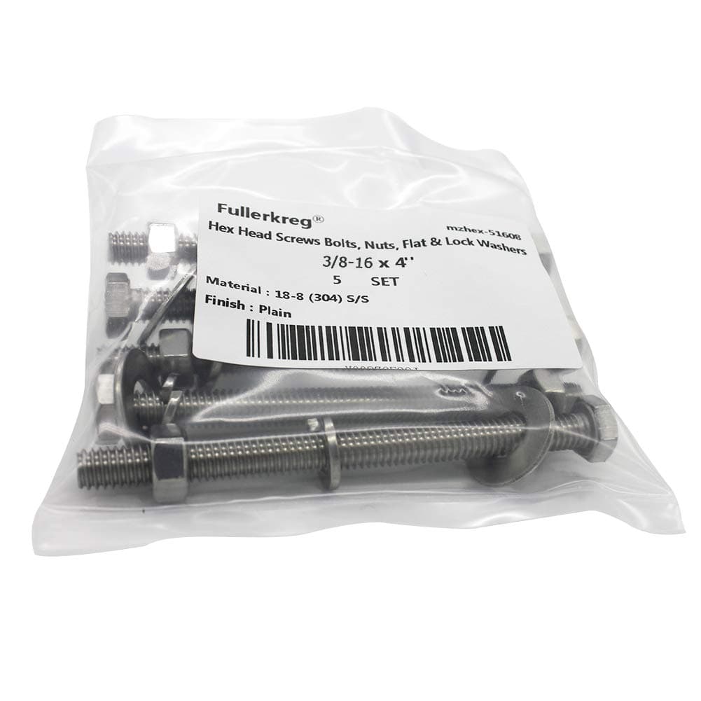 Fullerkreg 3/8 Stainless Steel Hex Head Screws Bolts, Nuts, Flat & Lock Washers (4 Sets) 3/8x4"