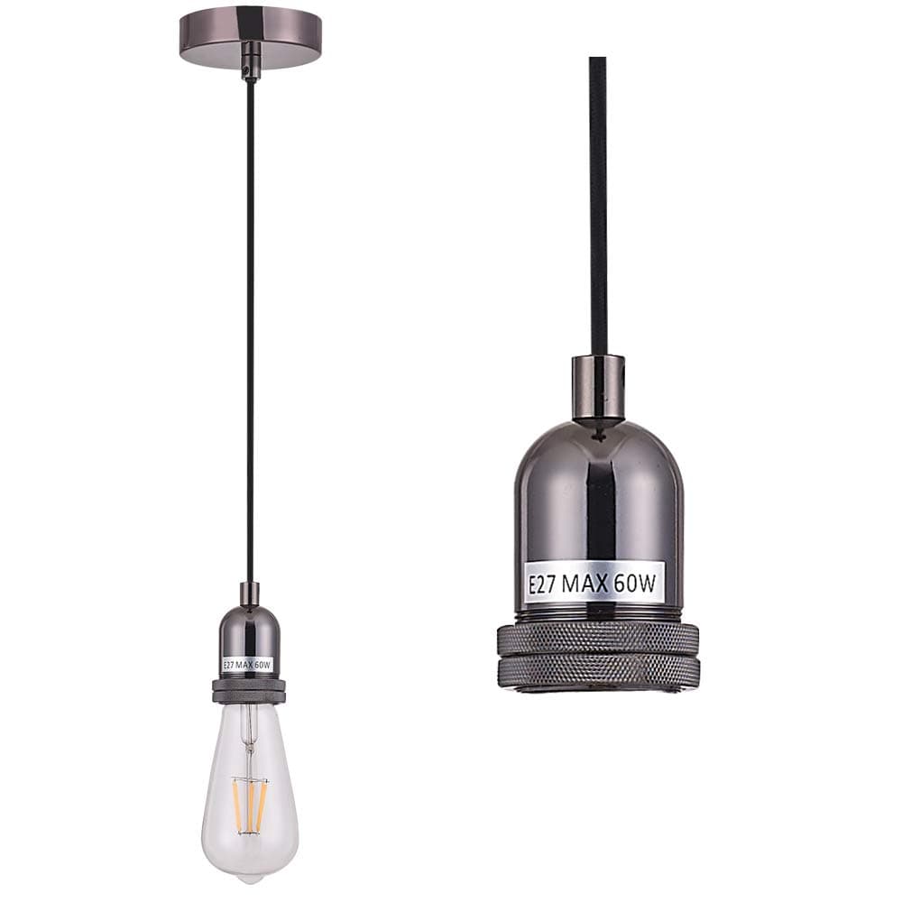 Pendant Fitting Black Chrome Ceiling Light Fitting, Vintage Metal Ceiling Rose with Braided Flex Cable and Metal E27 Lamp Holder KIT Accessary HT201BNK