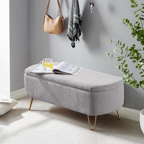 ROCKINGRUN Storage Ottoman Bench,Teddy Storage Chest with Metal Legs,Lift-Top Entryway Bedroom Storage Bench Upholstered,Foot Rest Stool with Hidden Storage for Bedroom,Living Room,Grey