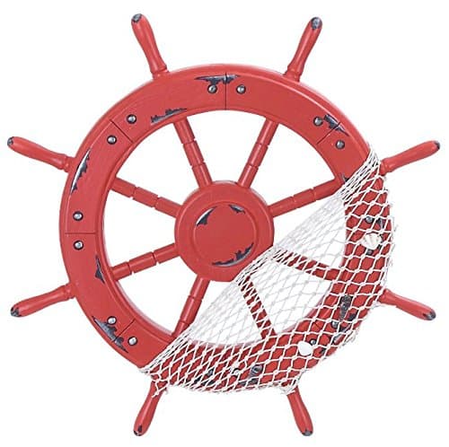 Wood Boat Ship Wheel Decorative Nautical Plaque Sign, 18-inch, Wall Accent (Red)