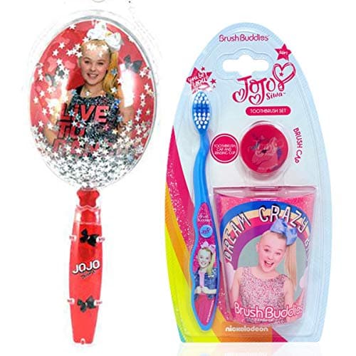 KOSS Partners JoJo Siwa Big Girl Toothbrush and Rinsing Cup Set with Confetti Glitter Handle Hairbrush