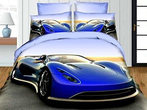 World of Cotton Blue Sport Car 3D Premium Bedding Set Single Size 4 pcs + pillowcases 50x75 cm + flat sheet