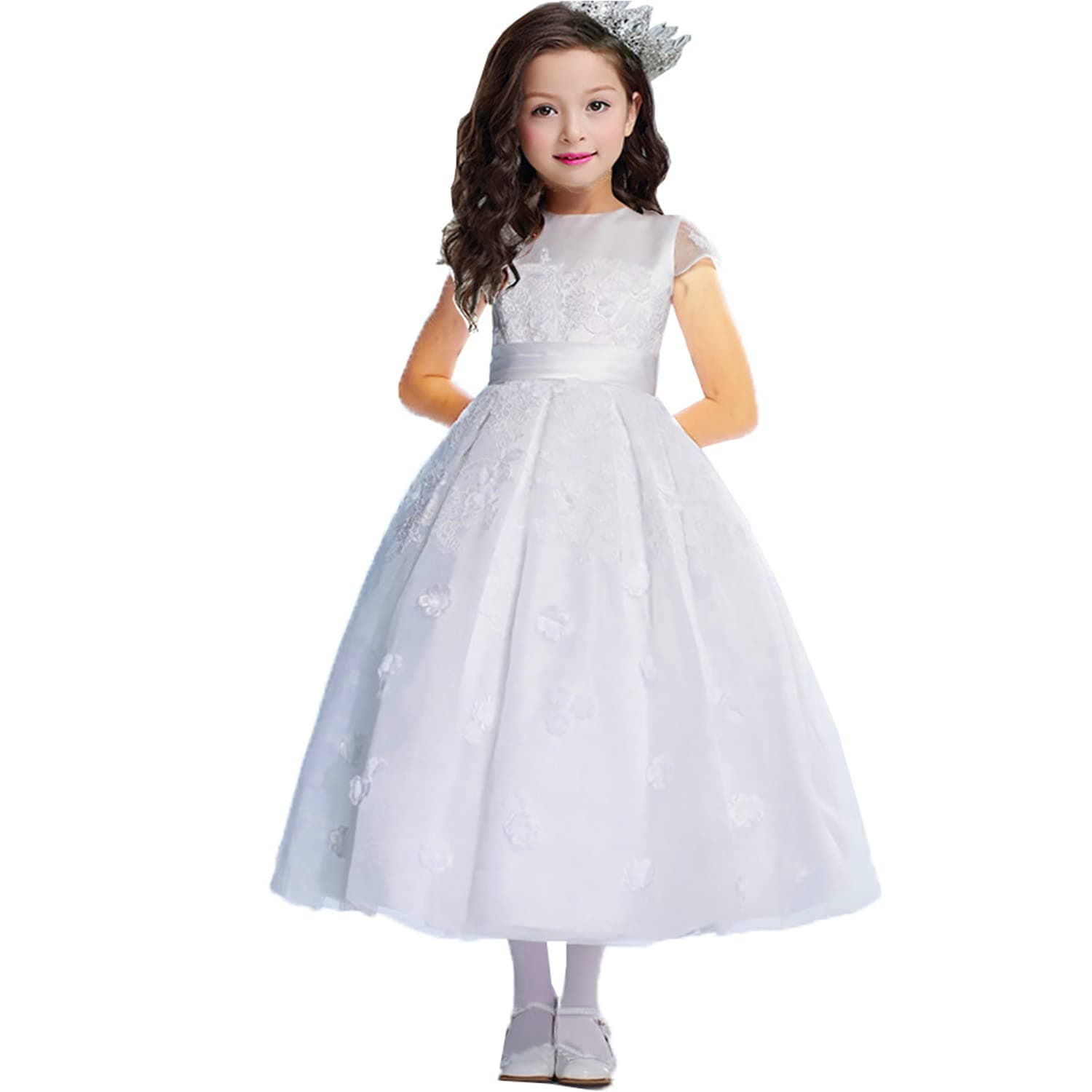 DZdressKids Appliques Pageant Wedding Flower Girl Dresses Tulle with Bow 14 White