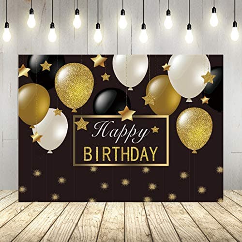 Happy Birthday Backdrop Black Golden Balloons Gold Birthday Party Photo Backdrop Golden Glittering Stars 50th 60th Birthday Decorations Banner