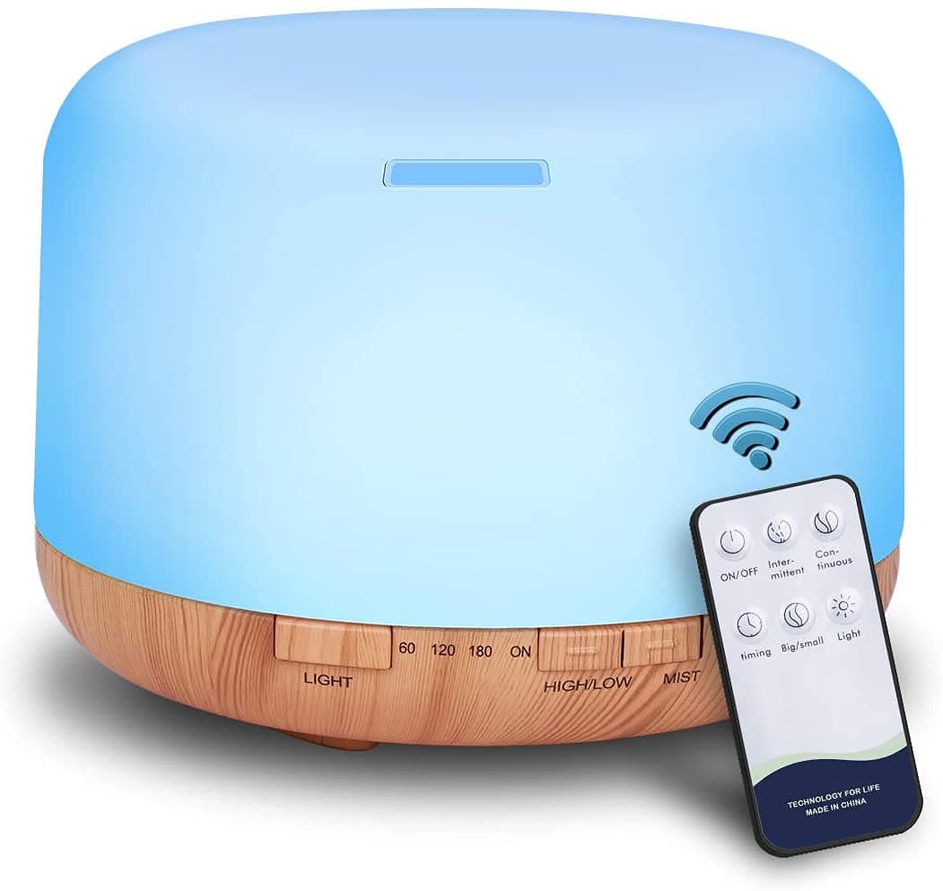 500ml Essential Oil Diffuser, Quiet Aromatherapy Mist Diffusers for Essential Oils, Ultrasonic Oil Diffuser with Remote Control,Timer, 7 Colors Light for Bedroom