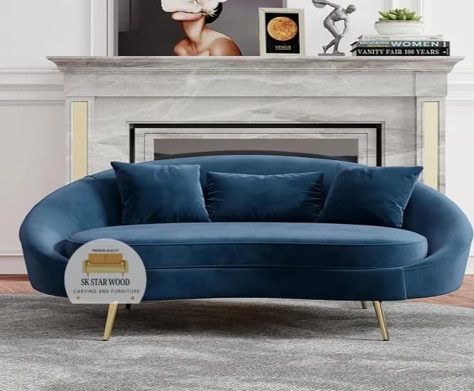 SK Star Wood Carving and Furniture Modern Velvet Curved Sofa 2 Seater Sofa Gold Metal Legs Toss Pillow Included (Blue)