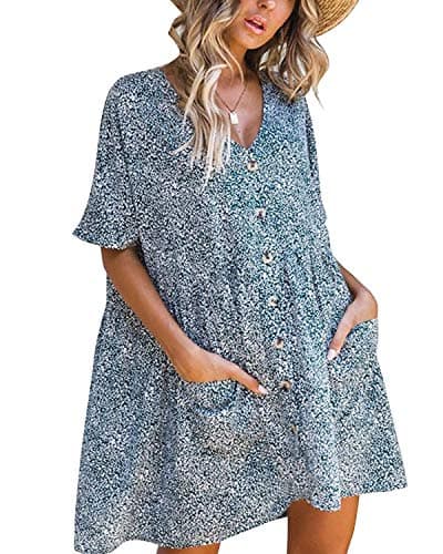 QegarTop Women's Tshirt Dresses with Pockets Oversized Dress for Women Short Sleeve Shift Dress for Ladies Blue Dress