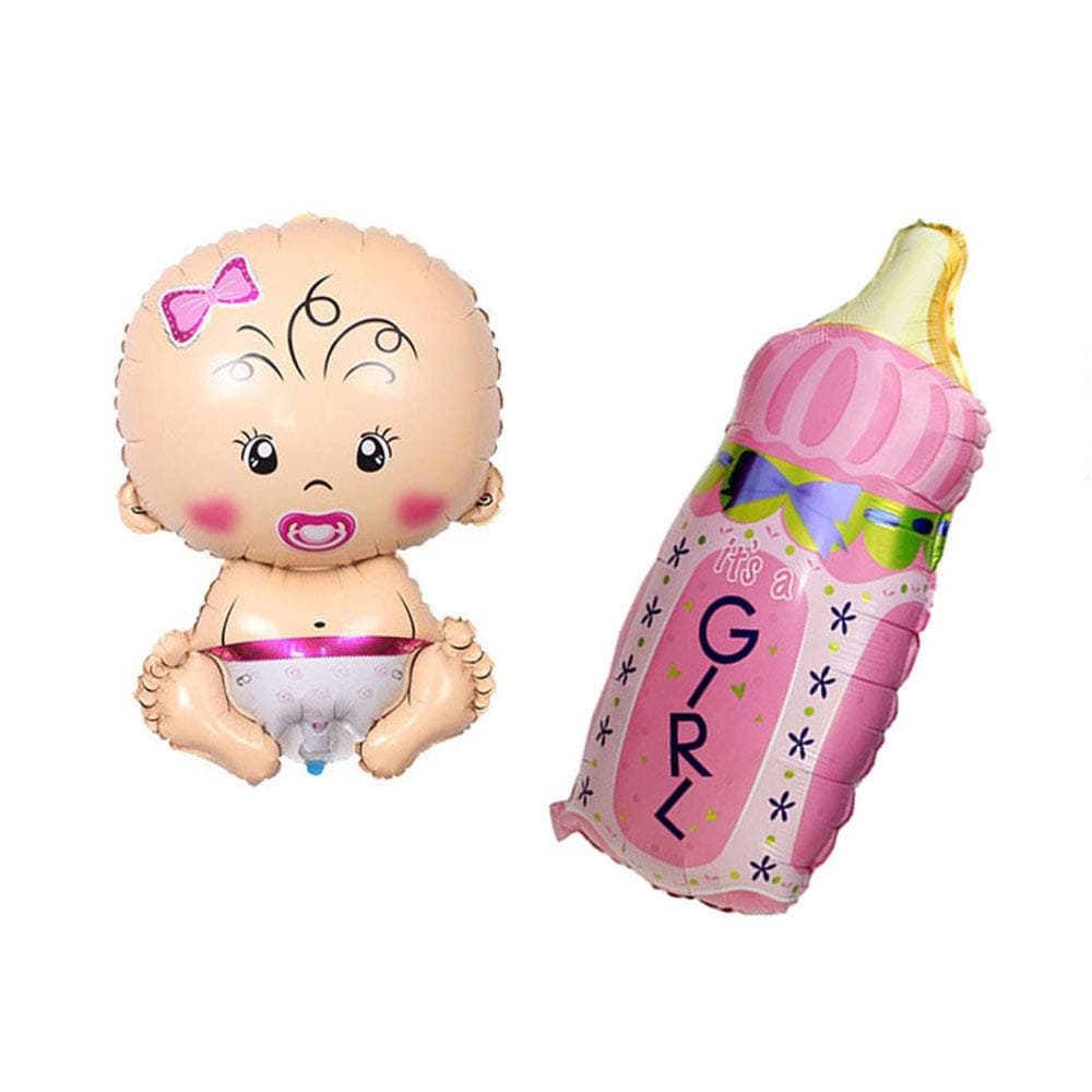 2PCS Welcome Baby Jumbo Mylar Foil Balloon Girl Shape 27"x17" Pink Feeding Bottle Shape 32"x17" Latex Helium Great for Baby Shower Pregnancy Gender Reveal Wedding Birthday Party Decor Supplies