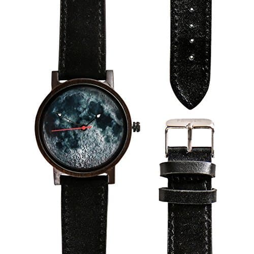 Famgem Wooden Watch for Men Women Ebony Full Moon Leather Strap Japan Movement Casual Watch