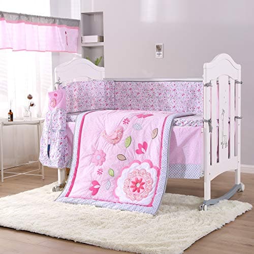 Wowelife Cotton Bedding Set Baby Girl Upgraded Flower Birds 9 Piece Breathable Baby Bed Sets for Cribs Girl with Diaper Stacker(Pink-9 Piece)