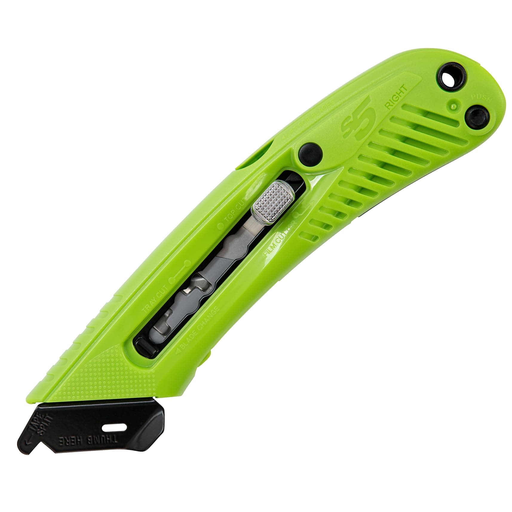 S5R Box Cutter | Heavy Duty Utility Knife, Tape Splitter, & Film Cutter | 3-Position Retractable Box Cutter with Easy Blade Change | For Right Handed Users