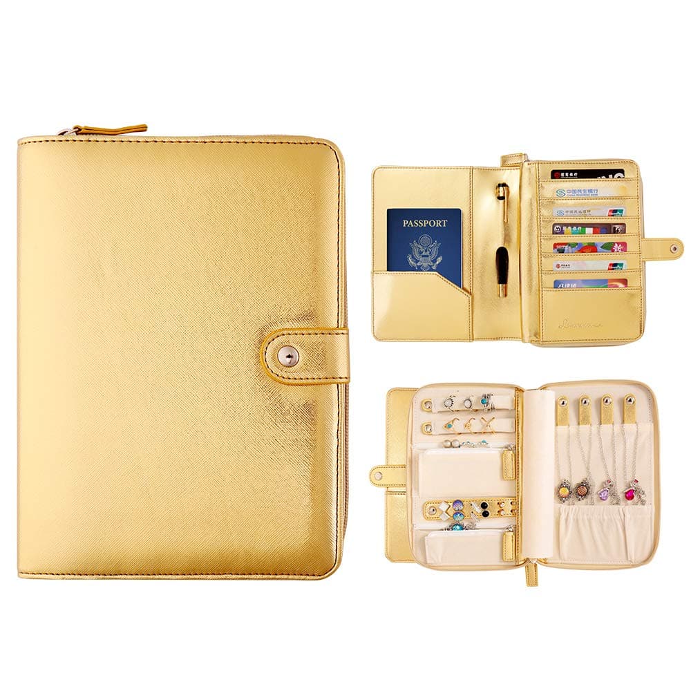 Limerence Travel Jewelry Organizer Passport Holder Bag, Vegan Leather Jewelry Travel Wallet Case for Women, Storage for Necklace, Bracelets, Earrings, Rings - Gold