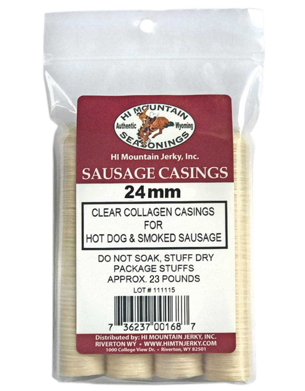 Hi Mountain Seasonings | 24 mm HOT DOG CASINGS | Clear, Edible, Collagen Sausage Casings | Also Great for Brats, Polish, & Italian Sausage Links | Beef, Pork, Venison | Creates up to 30 lbs.