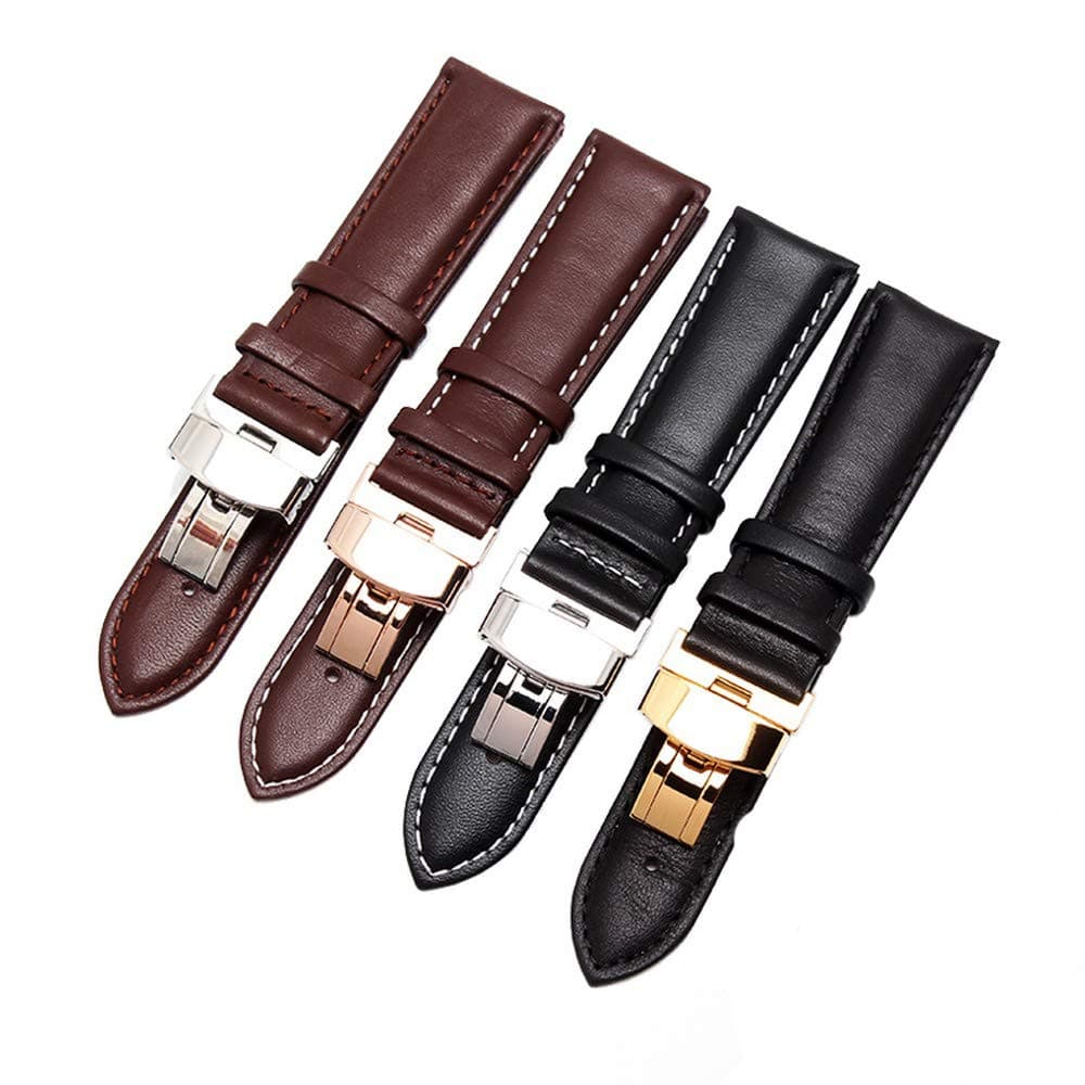 Henziy-Watch-Straps-OAKJ1458 Hight Quality Black Brown Genuine Leather Watch Strap Butterfly Deployment Clasps Band 18Mm 19Mm 20Mm 21Mm 22Mm