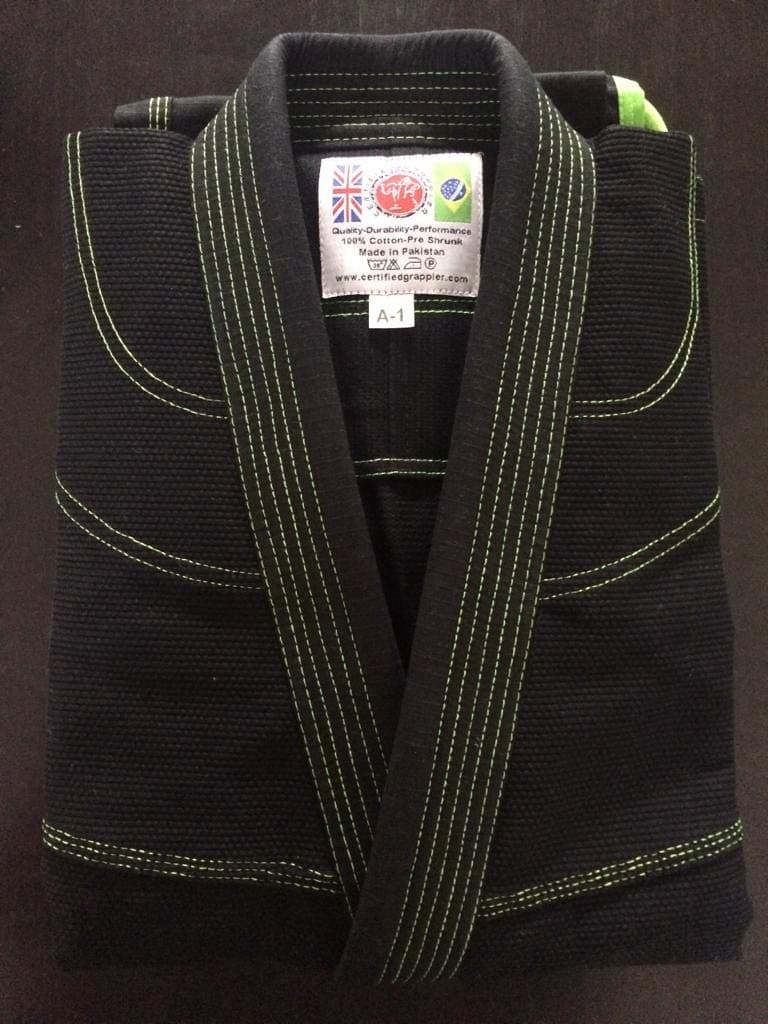 Certified GrapplerBJJ Gi BLACK Premium Quality Contrast Stitch Brazilian Jiu Jitsu Pearl Weave