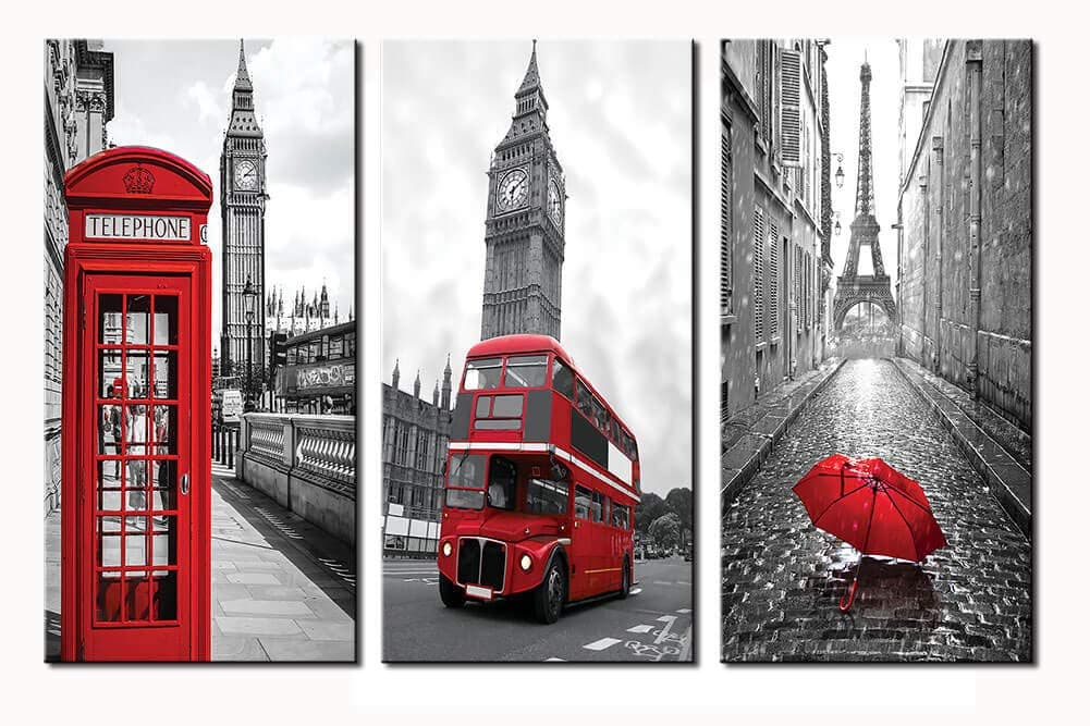 Black and White City Landscape Wall Art Paris Big Ben Eiffel Tower Red Bus Umbrella Telephone Booth Canvas Prints Picture 3 piece Modern Romantic Themed Artwork for Bedroom Bathroom Photo Wall Display