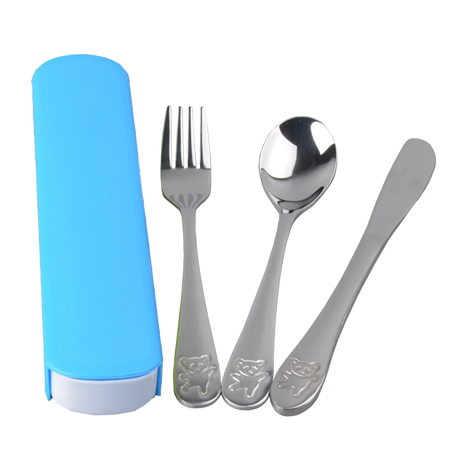 Dovia Stainless Metal Utensil Set, Bear Model, 3-Piece Flatware Includes Spoon, Fork, Butter Knife, Colorful Cases (Blue)