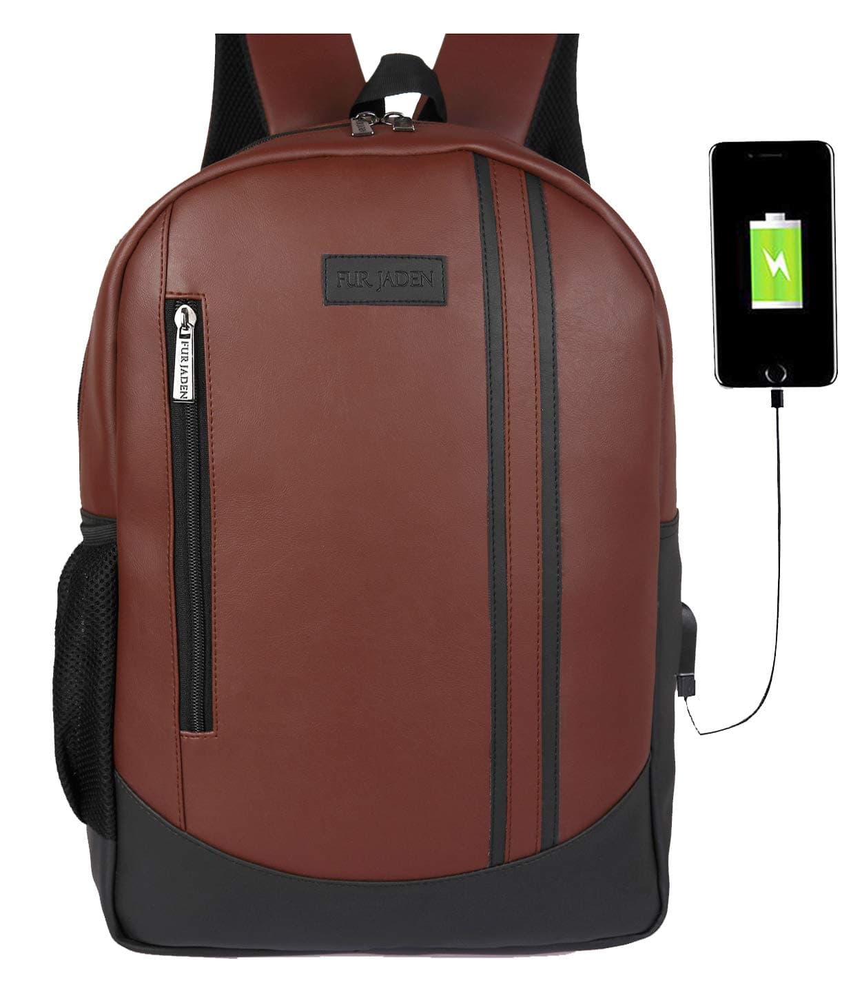 Fur Jaden Brown Leatherette 15.6 Inch Laptop Backpack Mature Bag with USB Charging Port