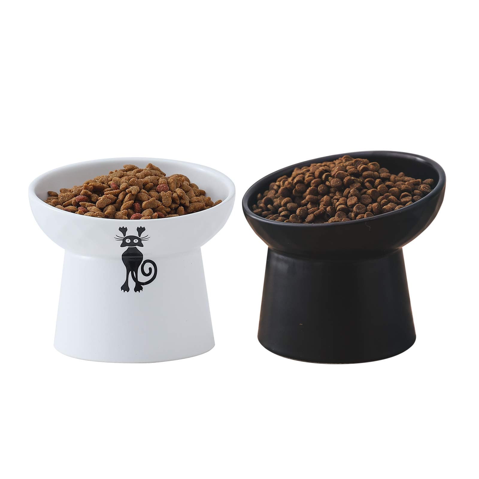 TAMAYKIM Tilted Ceramic Raised Cat Bowls, 8 OZ Food and Water Bowls Set for Kitty, 5 in Porcelain Elevated Stress Free Feeding Pet Dish, Dishwasher and Microwave Safe, 2 Pack (White & Black)