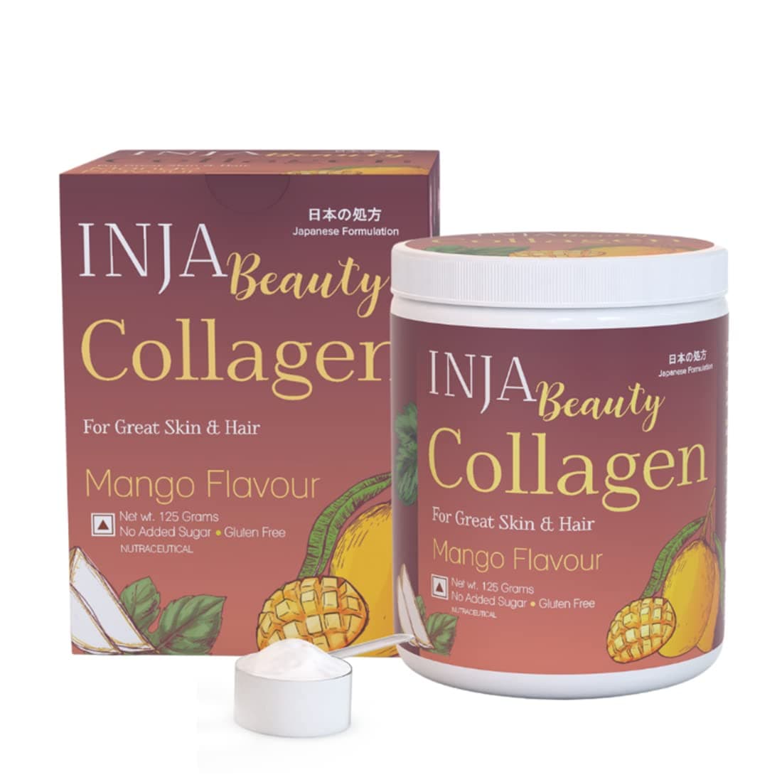 INJAWellness Beauty Marine Collagen Supplement For Women, Men, Vitamin C Collagen With Japanese Formulation, Healthy Joints, Muscles, Skin & Hair, Sugar & Gluten Free, Mango Flavor, 125Gm - Powder