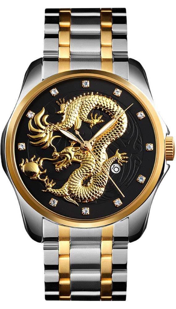 Men Luxury Gold Chinese Dragon Carved Dial Diamond Quartz Watch Casual Waterproof Sport Stainless Steel Wristwatch