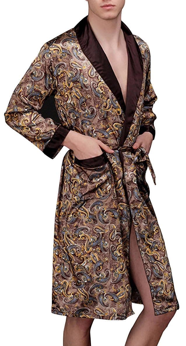 Mens Silky Satin Lounge Robe, Long Lightweight Sleepwear