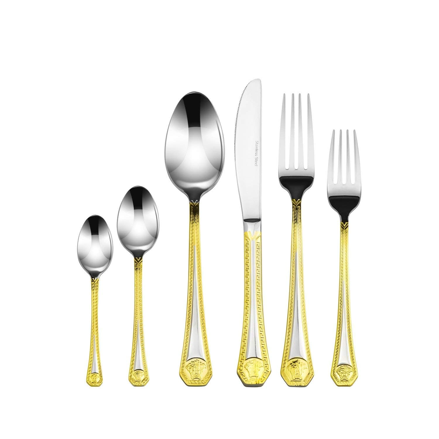 Italian Collection 85-Piece Premium Surgical Stainless Steel Silverware Flatware Set 18/10, Service for 12, 24K Gold-Plated Hostess Serving Set (Greek)