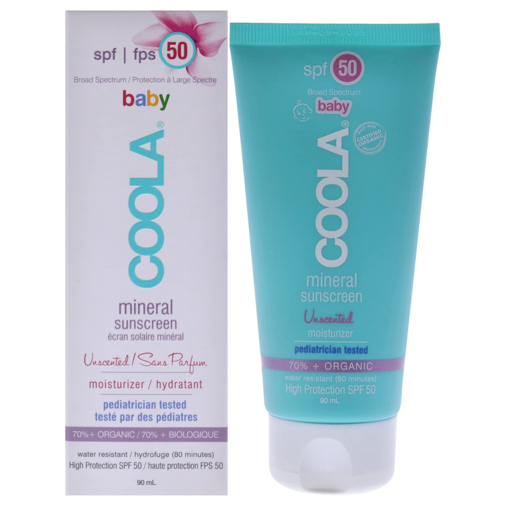 Coola Mineral Baby Sunscreen Moisturizer Lotion SPF 50 Unscented for Kids 3 oz Sunscreen, Blue, 89 ml