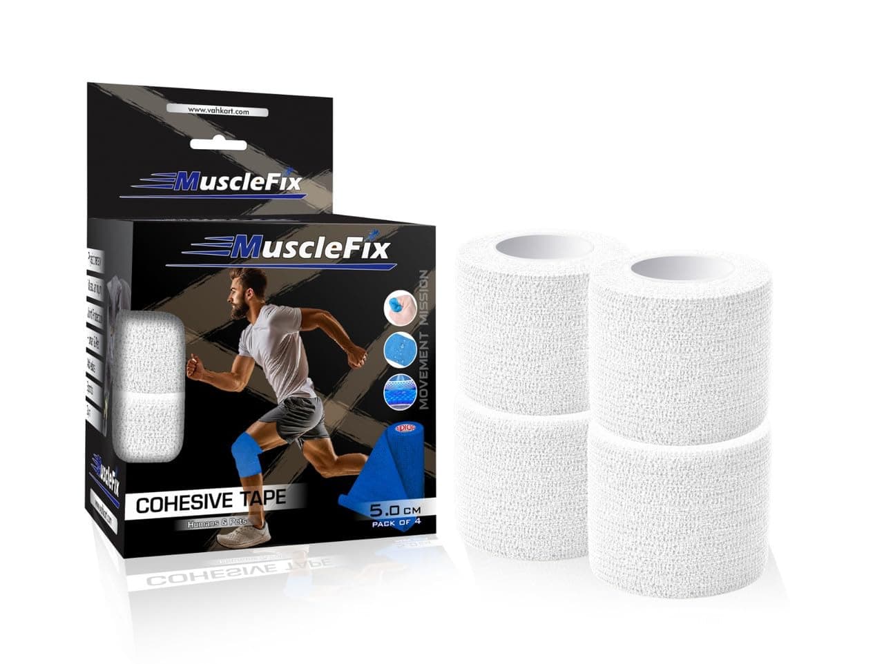 MuscleFix Breathable Self Adhesive Wrap, Athletic, Non Woven Cohesive Bandage – for Sports, First Aid Medical, Wrist, Swelling (5 cm X 4.5 mtr- Pack of 4) (White)