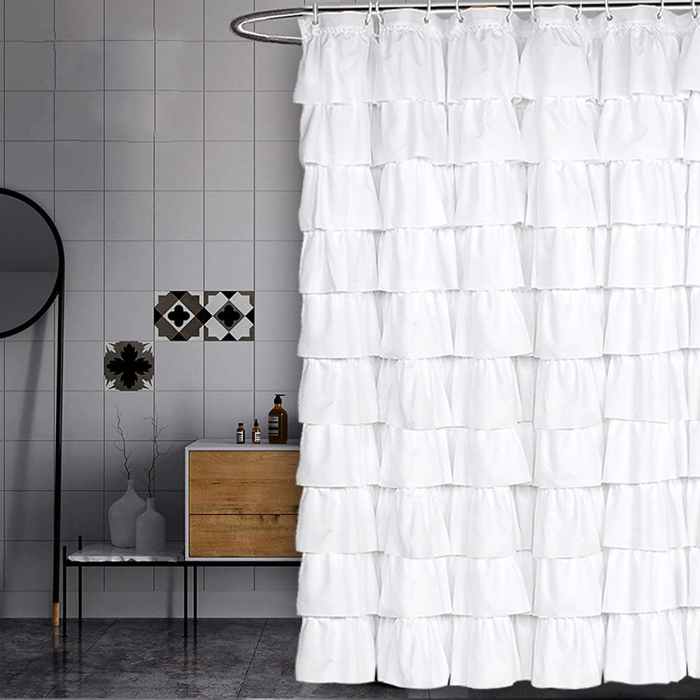 Volens White Shower Curtain Fabric Ruffle for Bathroom,70in Long