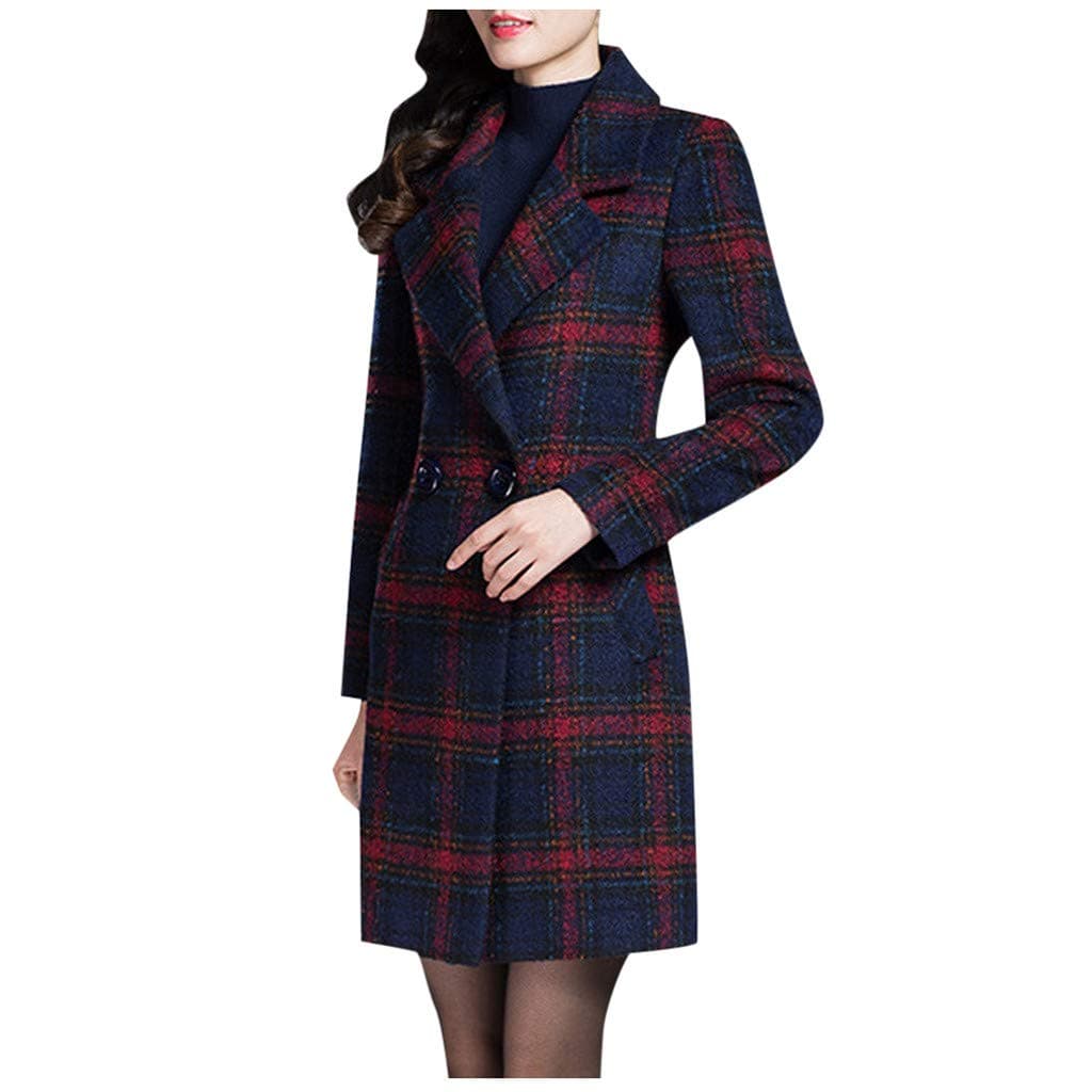 KaloryWee Wool Coat Ladies Plaid Winter Trench Coats Fashion Longline Check Coat Women Plus Size Jackets Vintage Outwear
