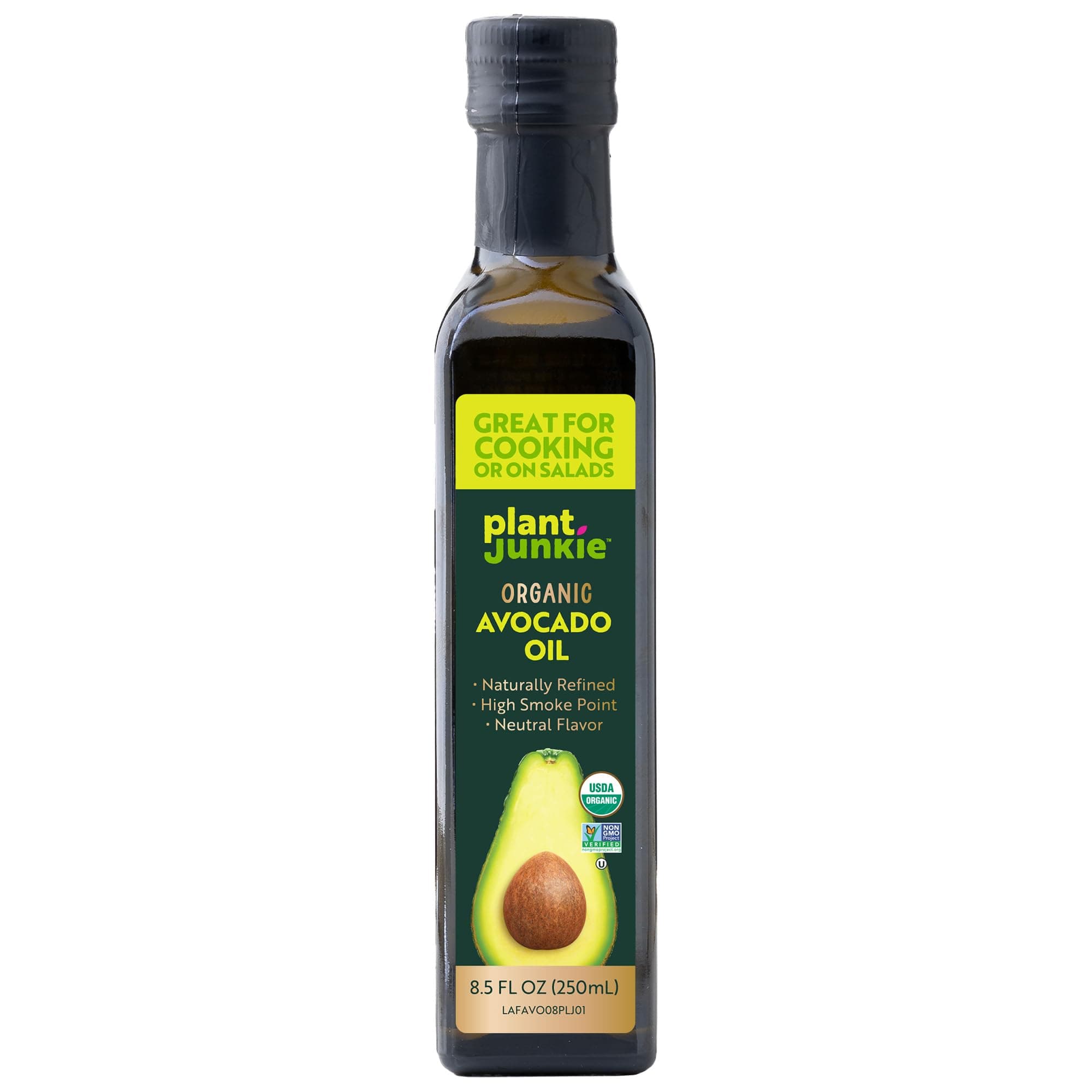 Plant Junkie Organic Refined Avocado Oil, Non-GMO, Glass Bottle, Cooking Oil, Kosher, Keto and Paleo Diet Friendly, Frying, Baking, Avocado Oil, 8.5 Fl Oz (250 mL)