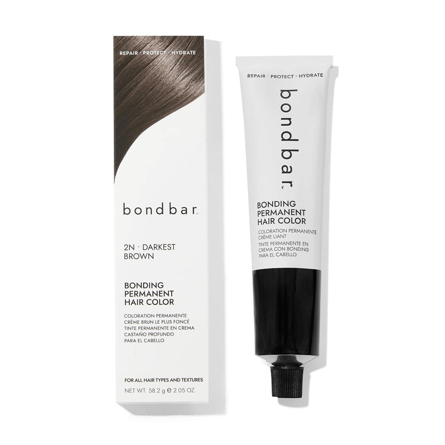 Bondbar 2N Darkest Brown Bonding Permanent Creme Hair Color, Repairing hair dye for all hair types, Vegan, Built in Bonding, 2.05 Oz