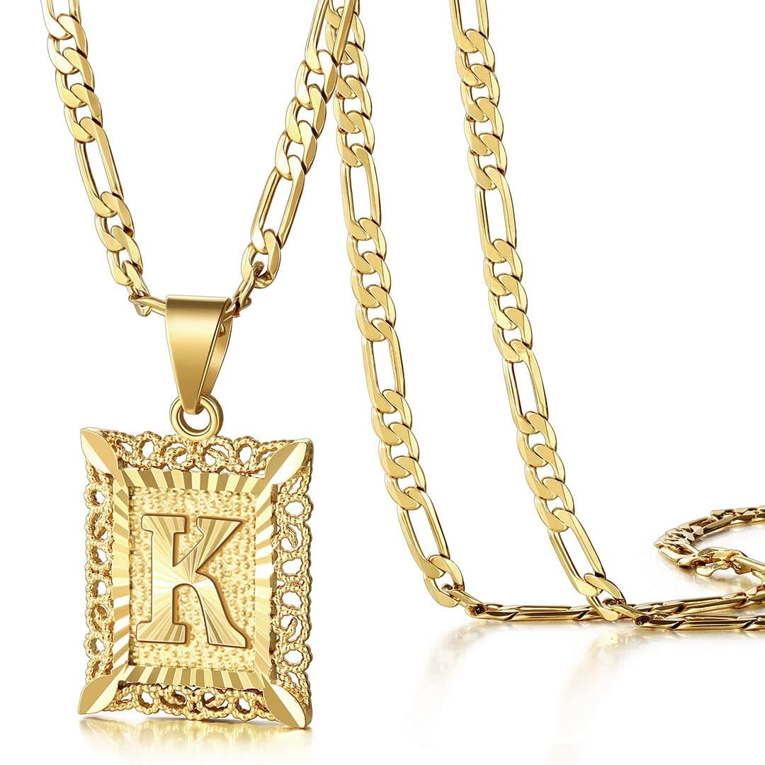 Initial Letter Pendant Necklace for Men Women, 14K Gold Plated Square Capital Monogram Necklace Alphabets from A-Z Figaro Chain Jewelry