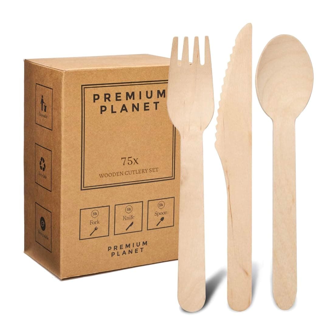Wooden Cutlery Set | Forks, Knives and Spoons | 100% Biodegradable | Large and Sturdy | Bamboo Cutlery (75 Pieces)
