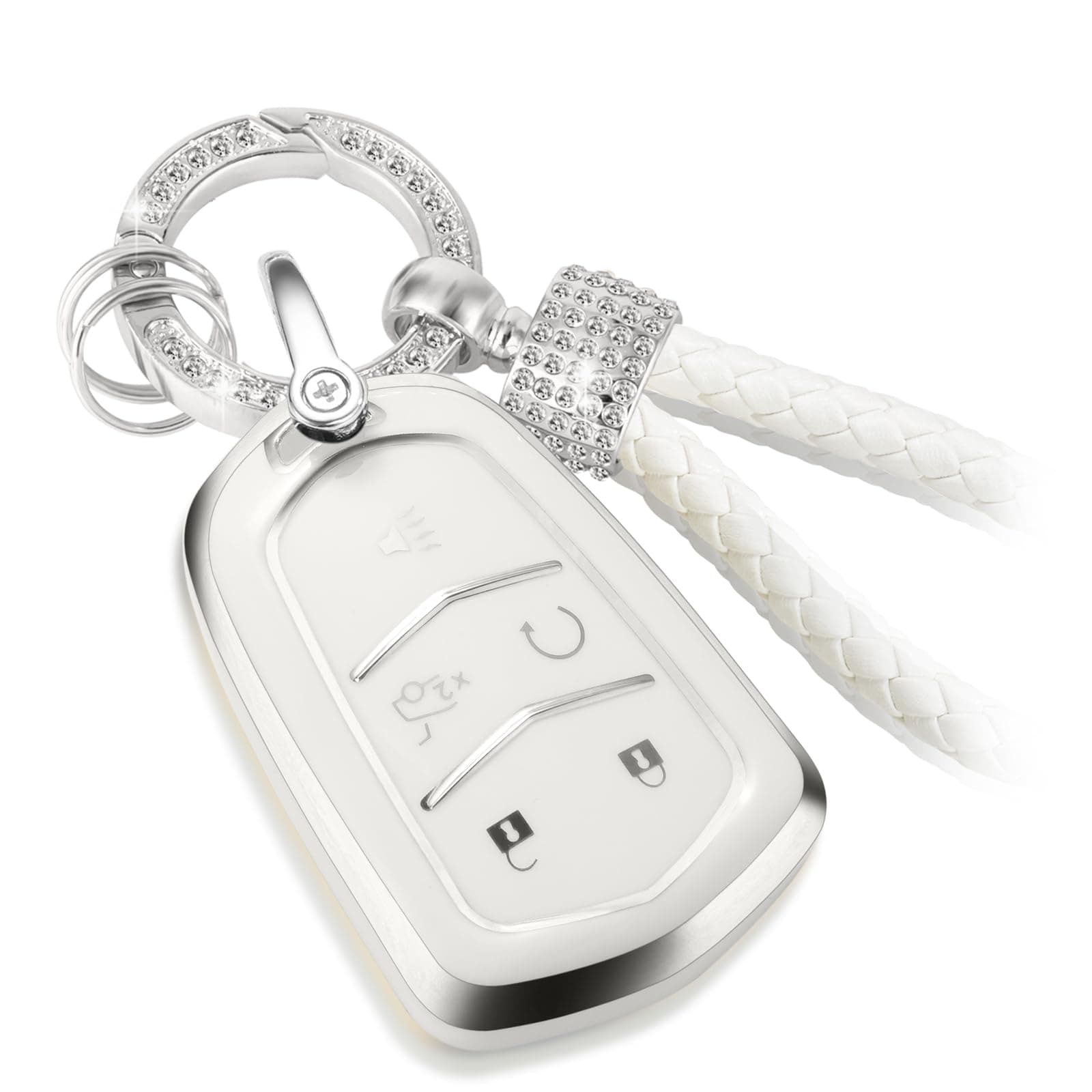 CTRINEWS for Cadillac Key Fob Cover with Luxury Diamond Bling Braided Rope Keychain, Upgraded Soft Key Case for 2015-2019 Escalade CTS SRX XT5 ATS STS CT6 (5 Buttons) (Silver Edge Bling)