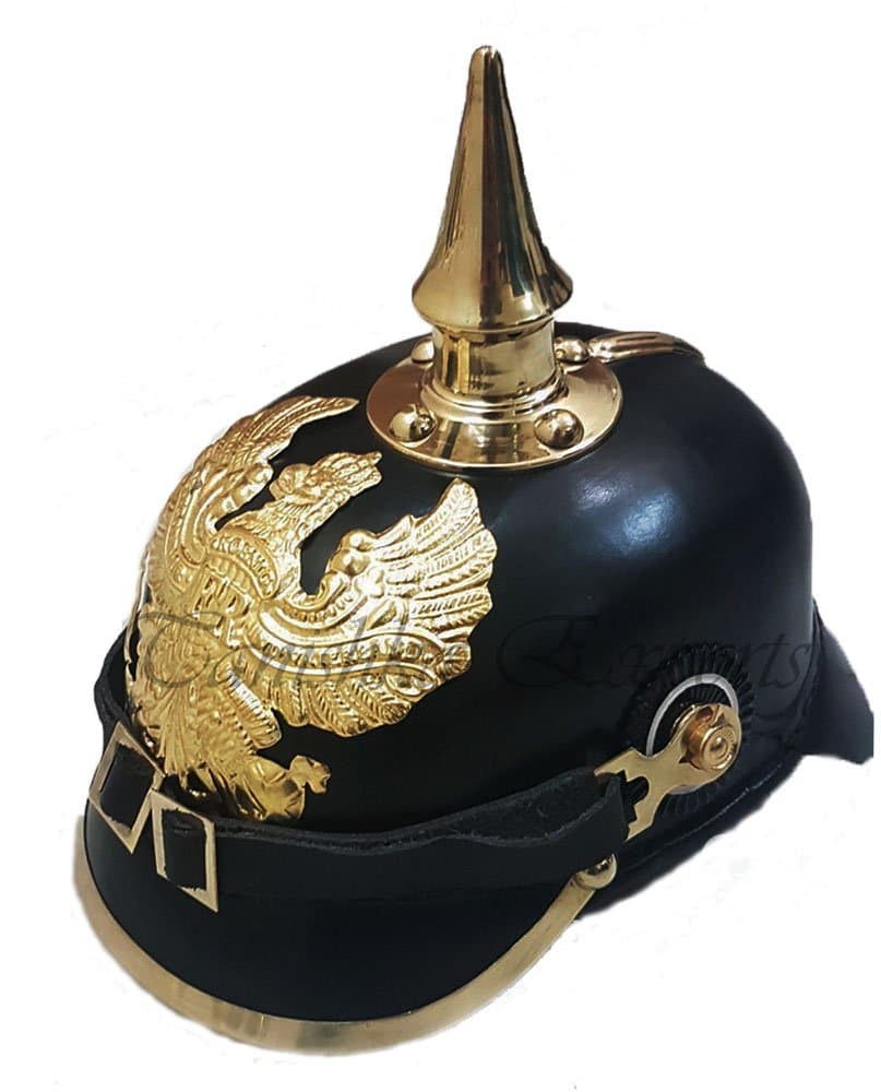 Medieval Replicas FR Badge German Prussian Helmet Brass Spike Leather Pickelhaube Helmet Black