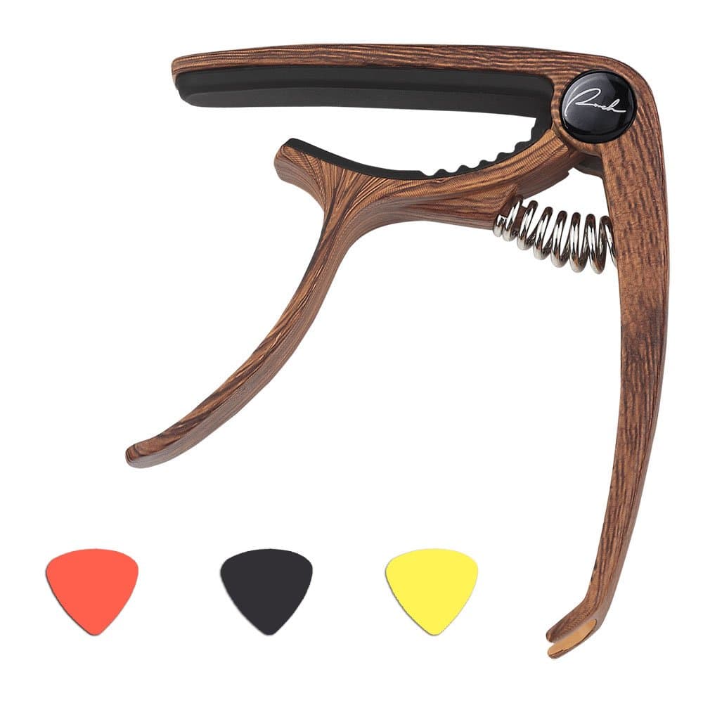 Guitar Capo Acoustic and Electric Guitars Capo Accessories - Universal Single Handed Ukuleles, Mandolin & Banjo Instruments Capo - Free 3 Guitar Picks | Wood Grain