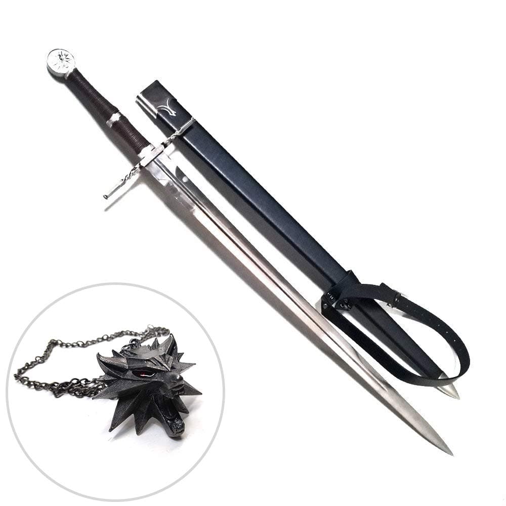 Avias Knife Supply 46 Inch Two-Handed Sword of Witcher Geralt of Rivia with Sheath and Leather Shoulder Strap with Witcher Necklace (Geralt's Silver Sword with Witcher Necklace)