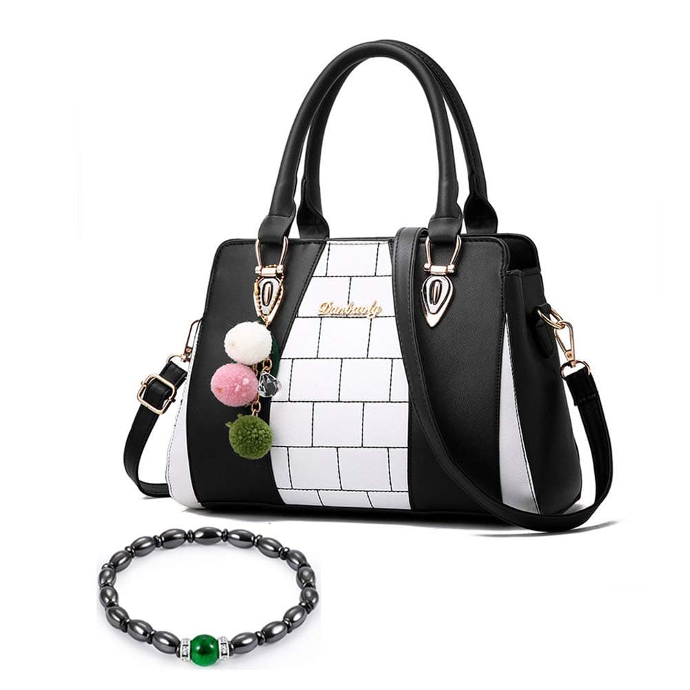 Samxu Ladies PU Leather Handbag with Shoulder Strap, Fashion Handbag Messenger Bag Lightweight with Pompon Pendant for Women Black