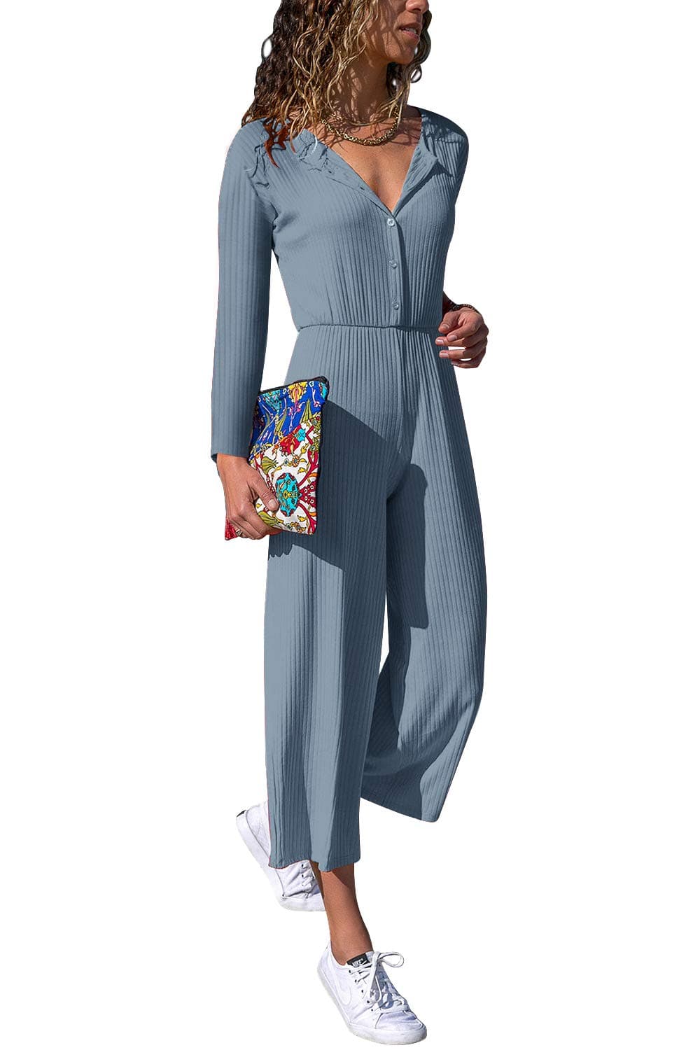 Cassiecy Women's Elegant Long Sleeve V Neck Jumpsuit Loose Casual Wide Leg Long Romper Playsuit (S, Blue)