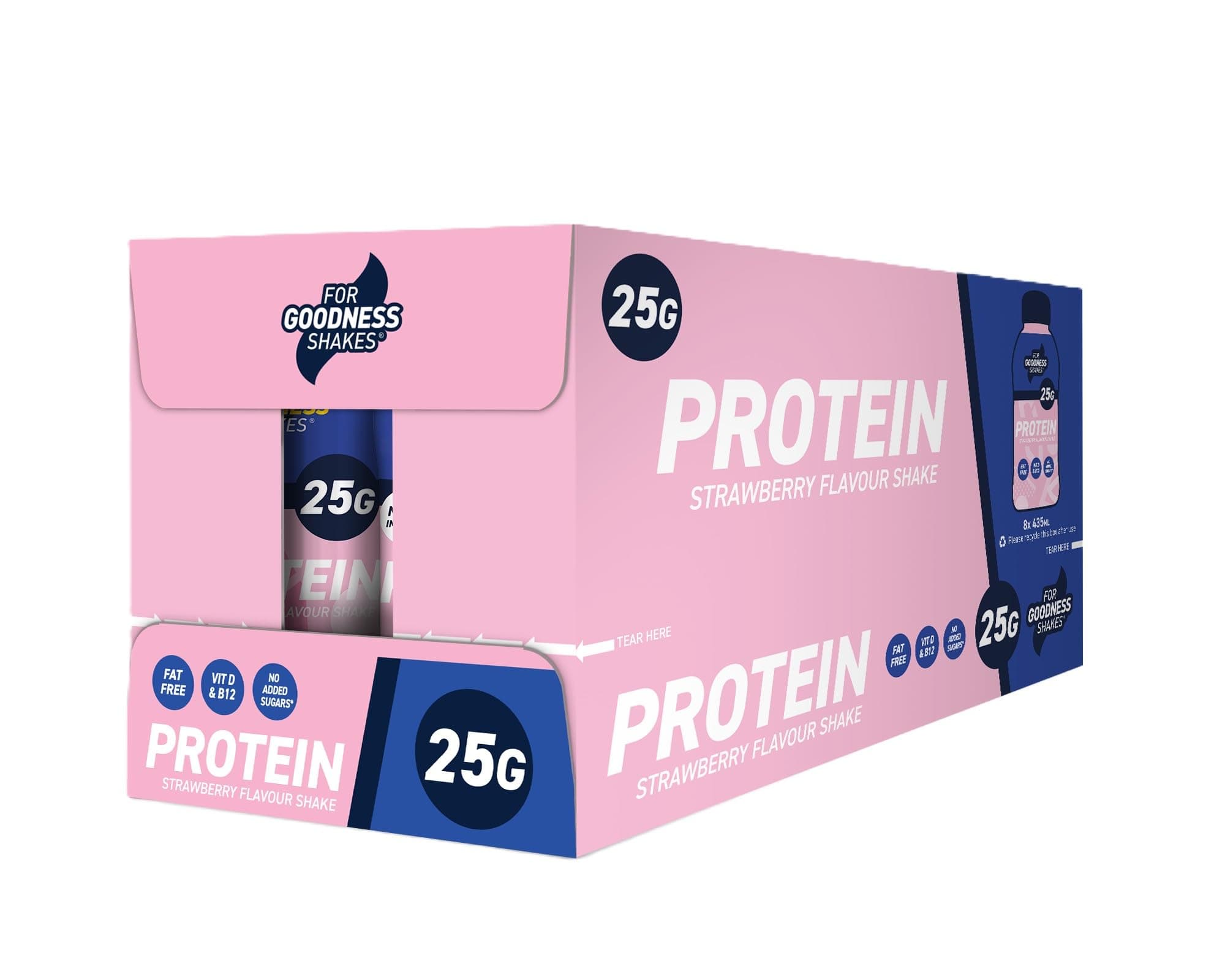 For Goodness Shakes Strawberry Drink, High Protein Fat-Free Ready-To-Drink, 25g Protein, Vitamin D & B-12, No Added Sugar, Low Calorie, 199 Kcal, Suitable For Breakfast, Pre & Post Workout, 8x435ml