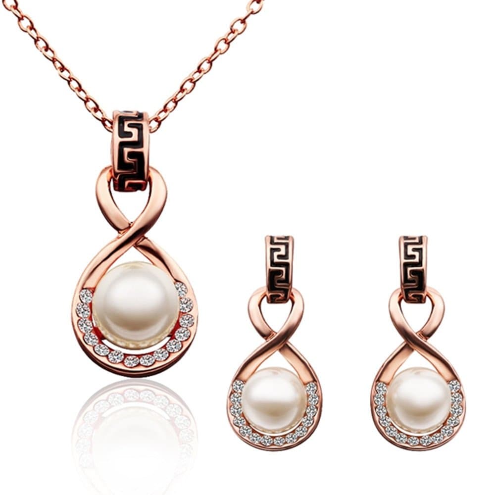 18K Rose Gold Plated Simulated Pearl Jewelry Sets,Elegant Pearl Necklace Drop Earrings-JGW017
