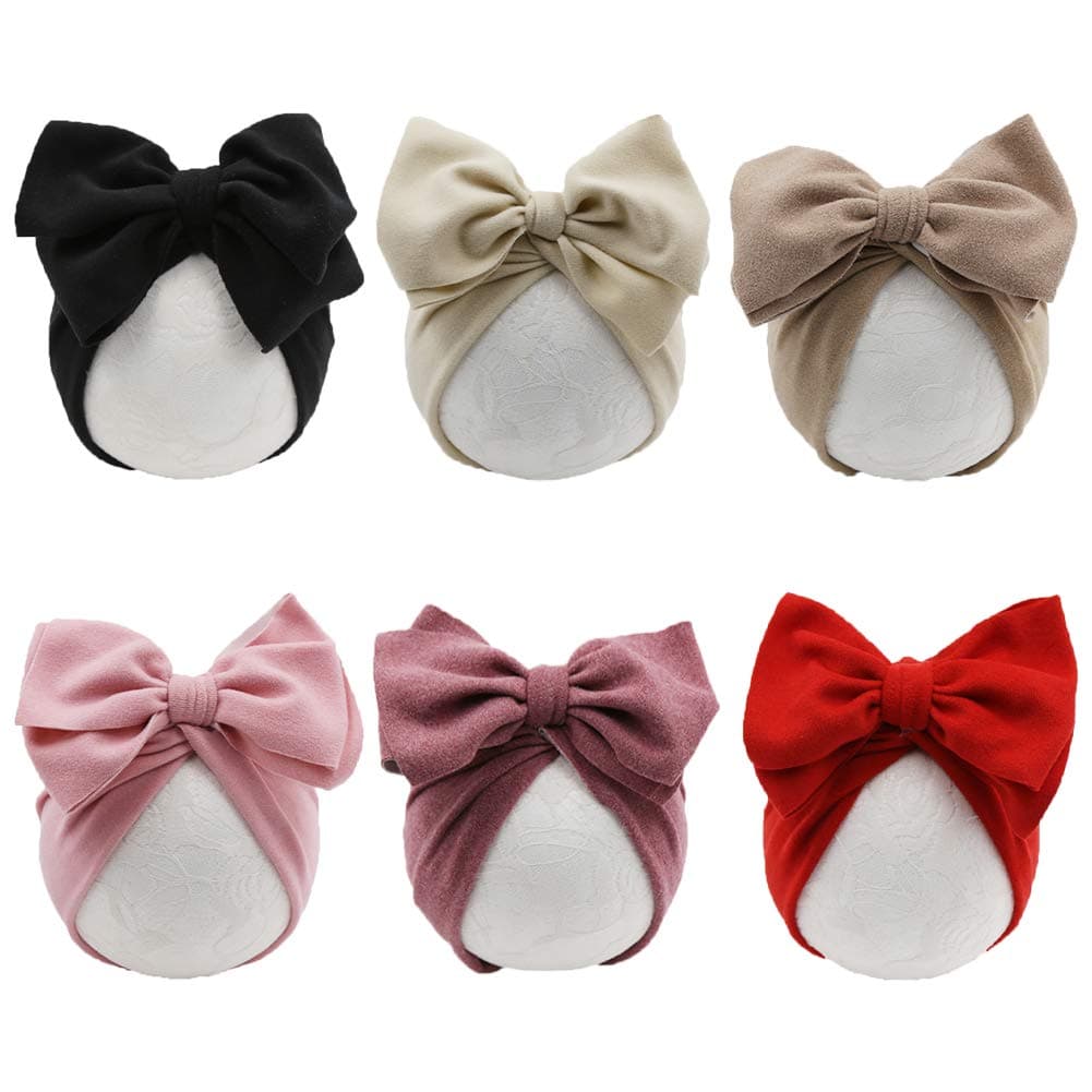 JIAHANGBaby Girl Velvet Big Hair Bow Knotted Head Wrap Oversized Bow Beanie India Cap Warm for Newborn Infant Toddlers 6PCS