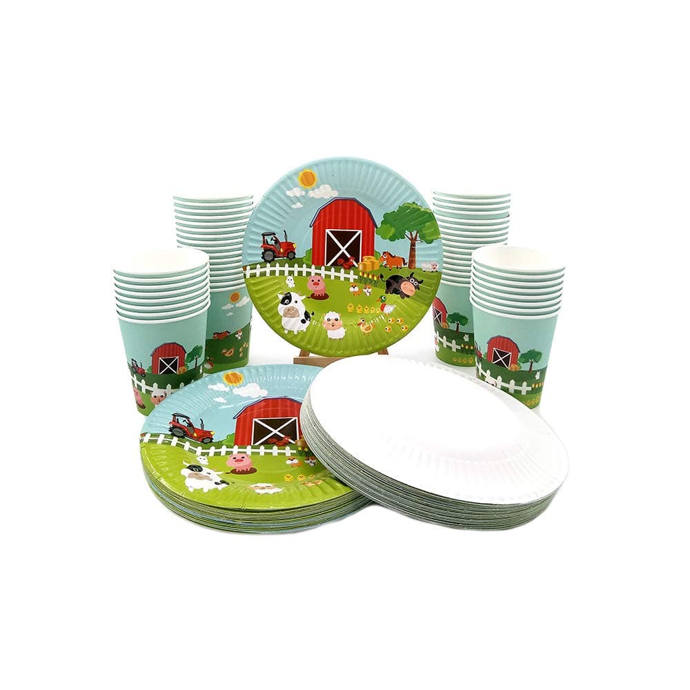 48 Piece Farm Animal Pig Cow Theme Disposable Paper Plate, Cup Set, Including 24 Dessert Plate, 24 Cup, Kids Birthday Baby Shower Party Plates Set, Tableware Dinnerware Set, Serves 24 Green