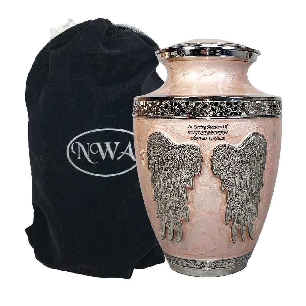 Angel Wings Large Pink Mother of Pearl Brass Funeral Cremation Urn with Personalization