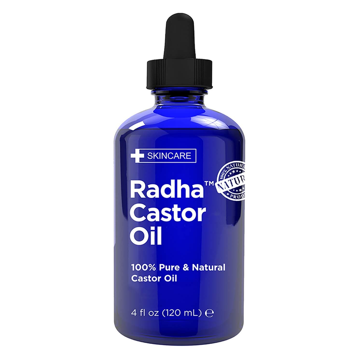 Radha Beauty Castor Oil 4oz 100% Pure, Cold Pressed, Hexane Free, With Dropper and Eyelash Brush to Stimulate Growth for Eyelashes, Eyebrows, Hair. Lash and Brows.