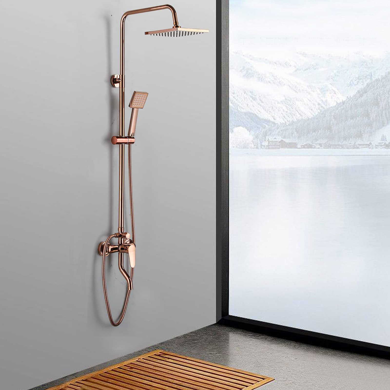 Rose Gold Bathroom Rainfall Shower Faucet Set, Overhead Shower, Hand Shower with 1.5M Hose and Bracket Wall Mount Hand Spray Mixer Tap Faucet Head Set