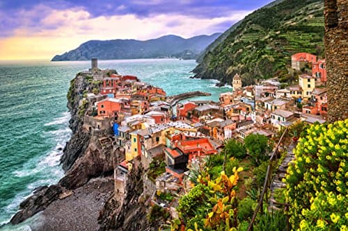 Italy Liguria Vernazza Cinque Terre Park Houses Bay Crag (No.011147) - Poster Art Print on Canvas 30x20 inch